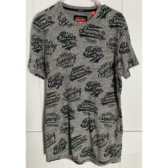 Vintage Superdry T Shirt Mens Large Long Line Gray All Over Graphic Logo - Picture 1 of 6